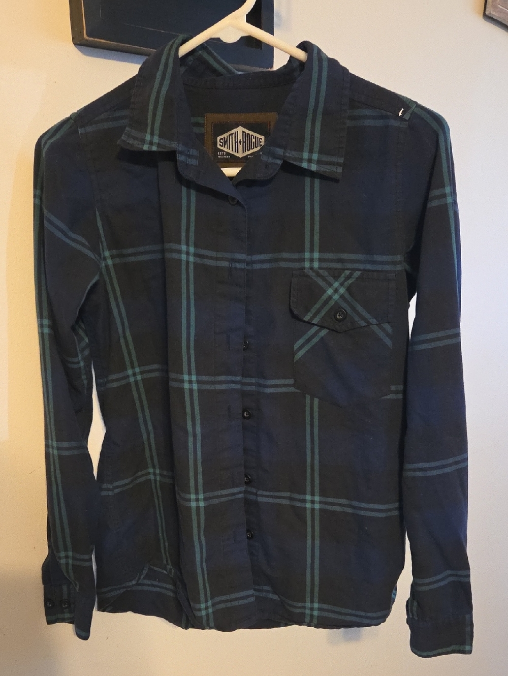 SMITH Navy Blue and Teal Plaid Button-Up Shirt